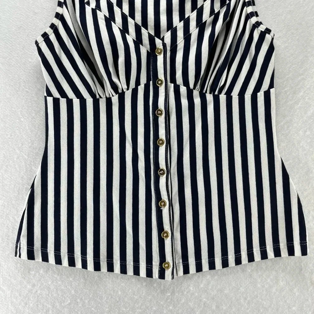 Blanc Nature Blouse Womens Sz 40 Striped Button Front Sleeveless Blue White - Picture 4 of 9
